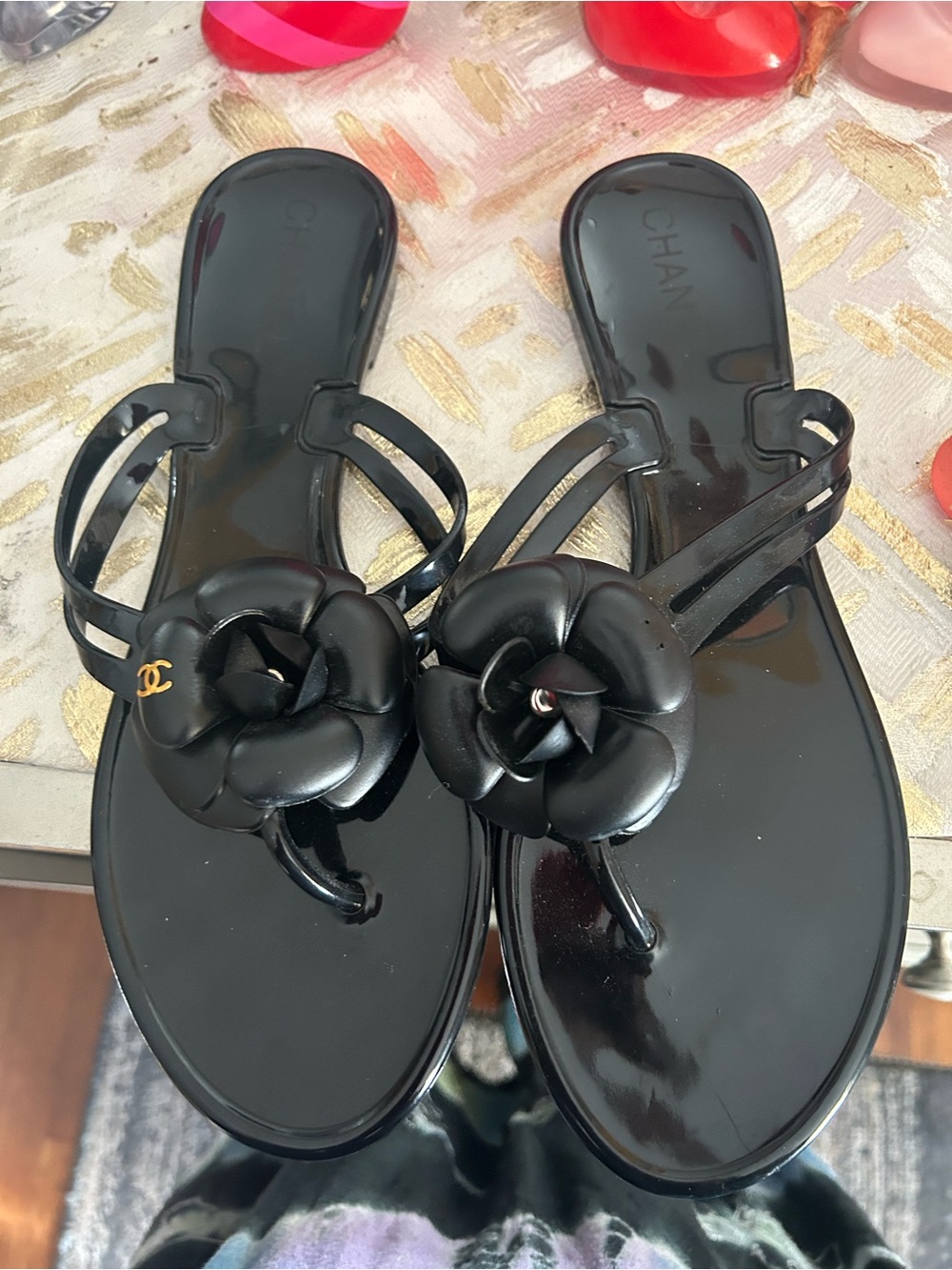 CHANEL Black Camellia Jelly Sandals with Double Straps - Picture 6 of 7